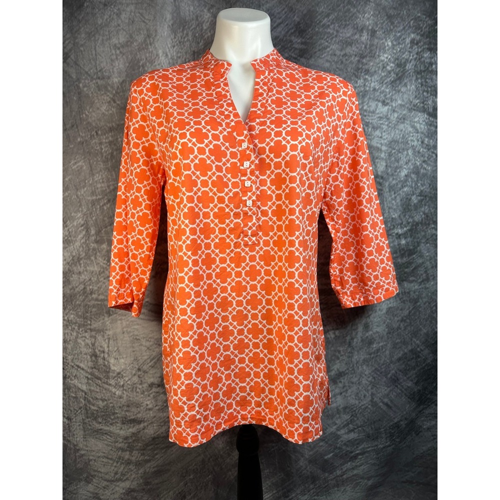 Peter Millar Crown Women's Med Orange Clover Quatrefoil Tunic Blouse 3/4 Sleeve